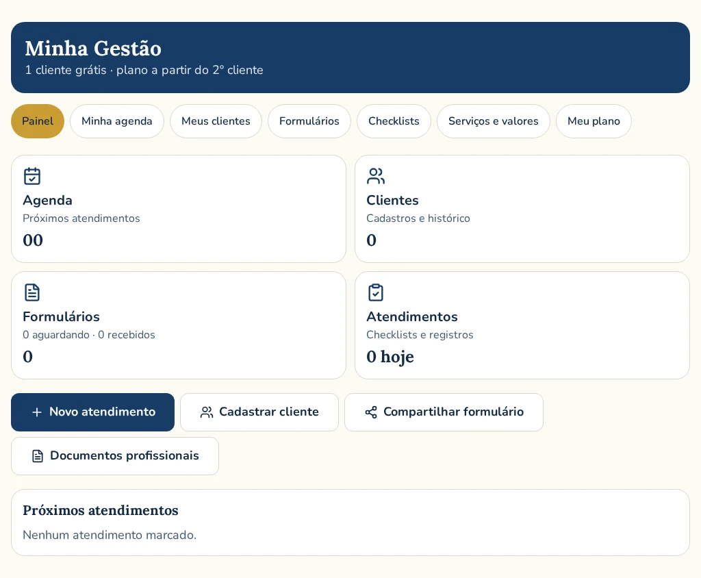 Minha Gestão: atalhos para agenda, clientes, formulários e atendimentos