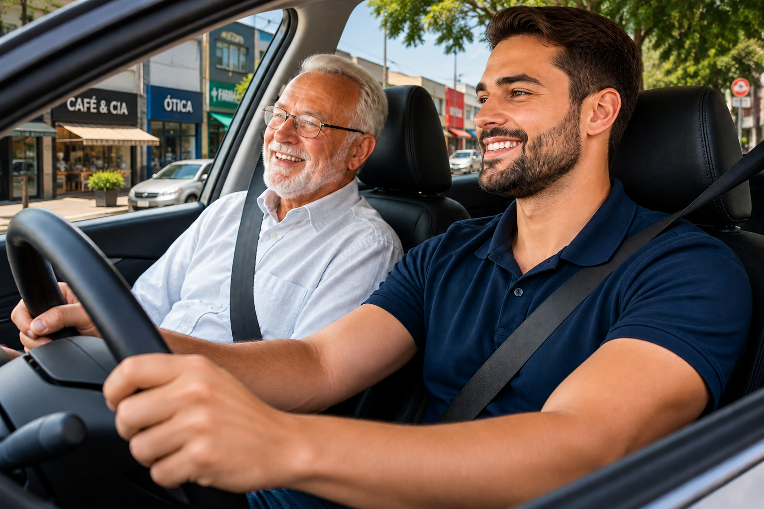 Filhos de Aluguel — profissional levando senhor idoso de carro